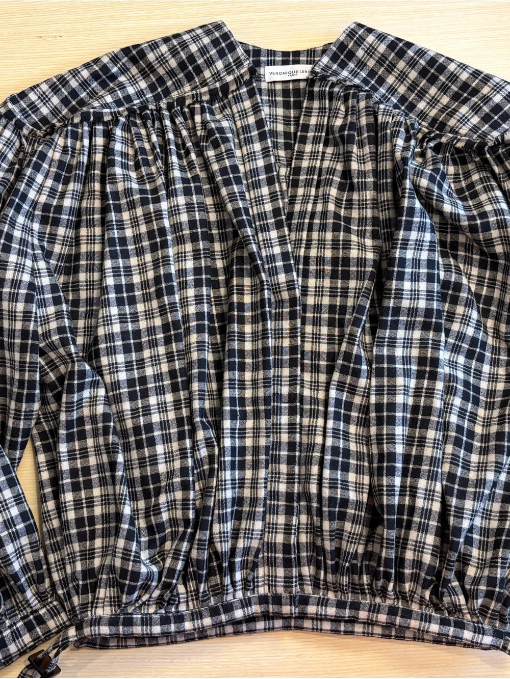 Véronique Leroy Plaid Gathered Balloon Sleeve Peasant Blouse Black White Sz